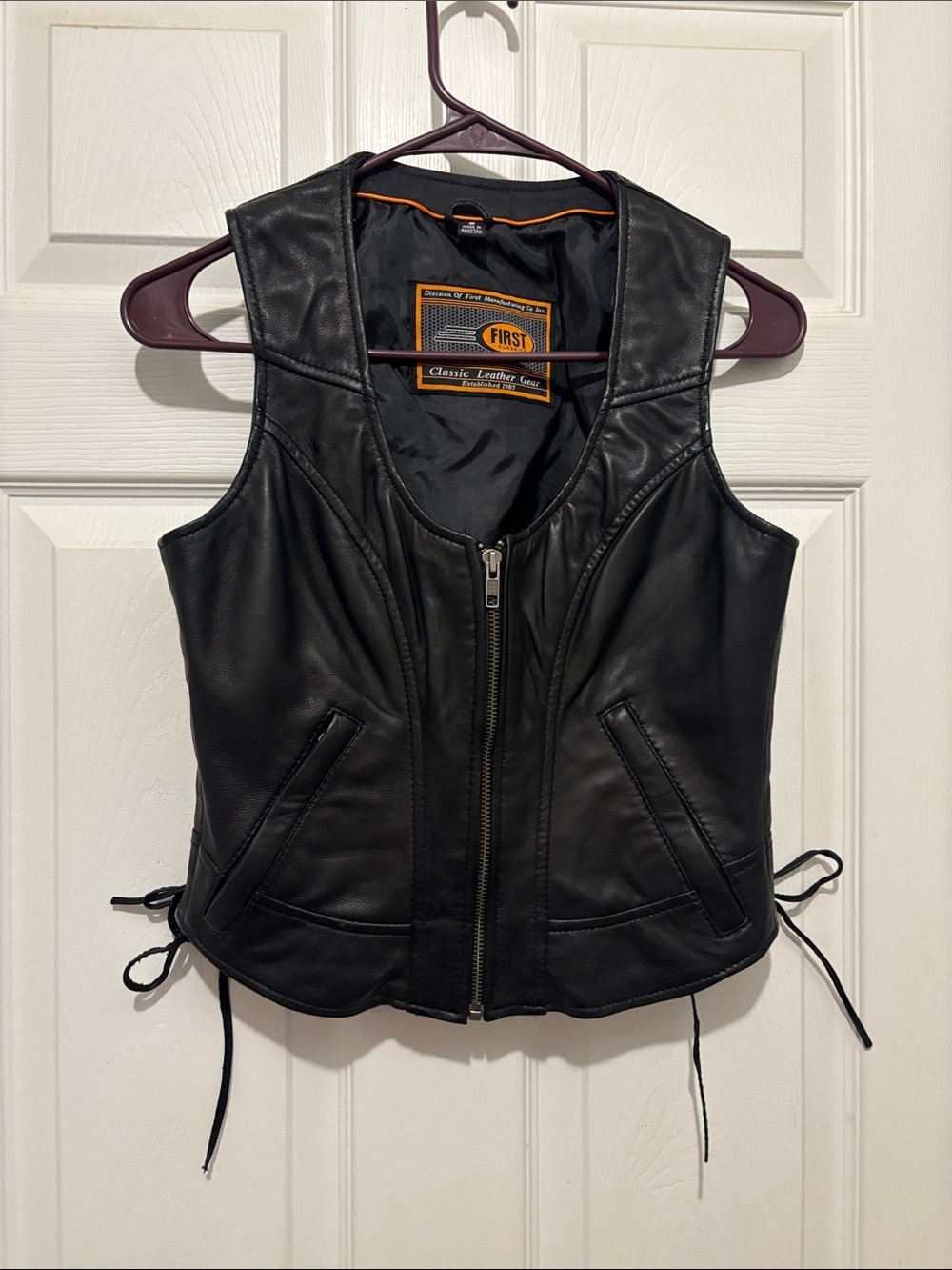 First classic leather zip up vest